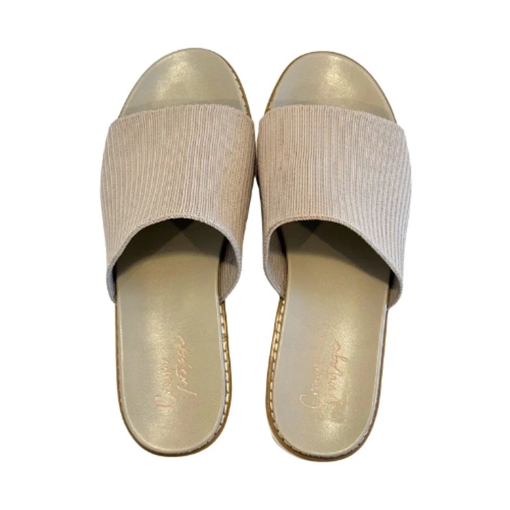Crown Vintage Beige Ribbed Slide Sandal with Striped Platform